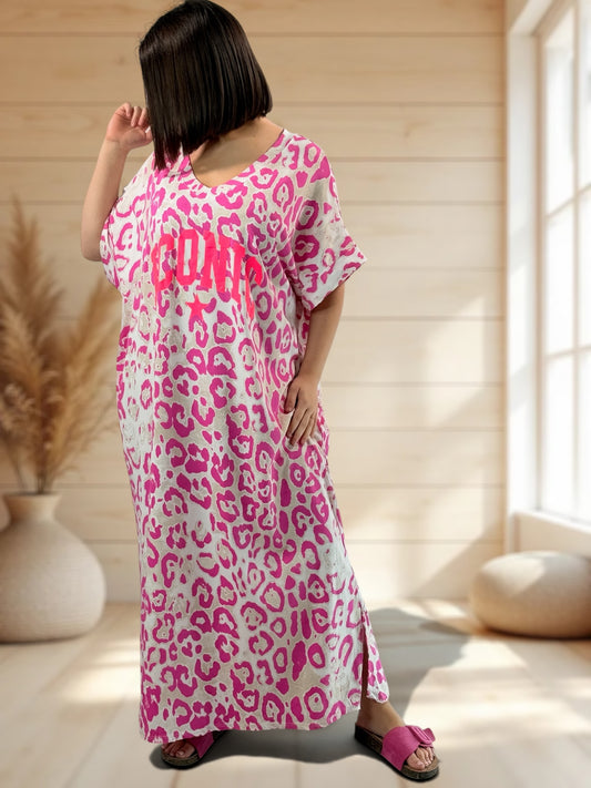 ZANZIBAR - ROBE LEOPARD FUCHSIA JUSQU'A LA TAILLE 54/56
