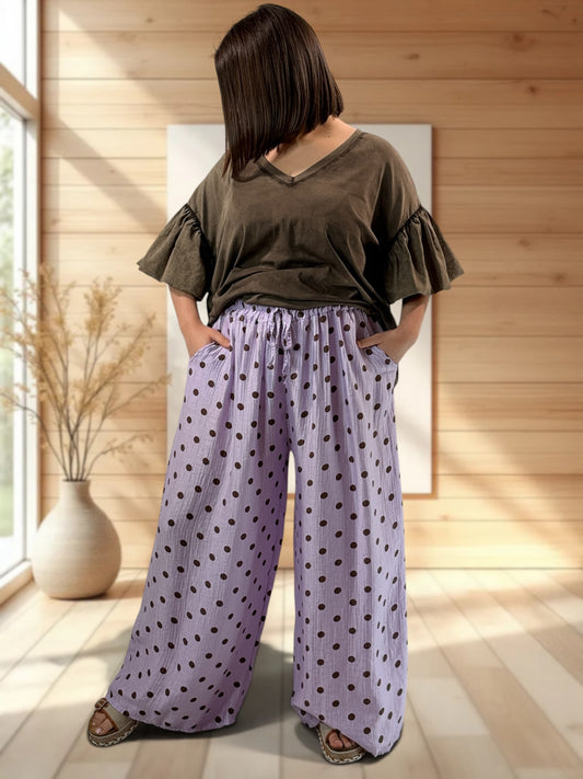 ALESSIO - PANTALON LILAS A POIS JUSQUA LA TAILLE 52