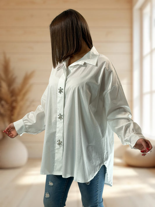 SUNDAY - CHEMISE OVERSIZE BLANCHE AVEC STRASS JUSQU'A LA TAILLE 52/54