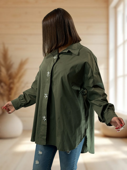 SUNDAY - CHEMISE OVERSIZE KAKI AVEC STRASS JUSQU'A LA TAILLE 52/54