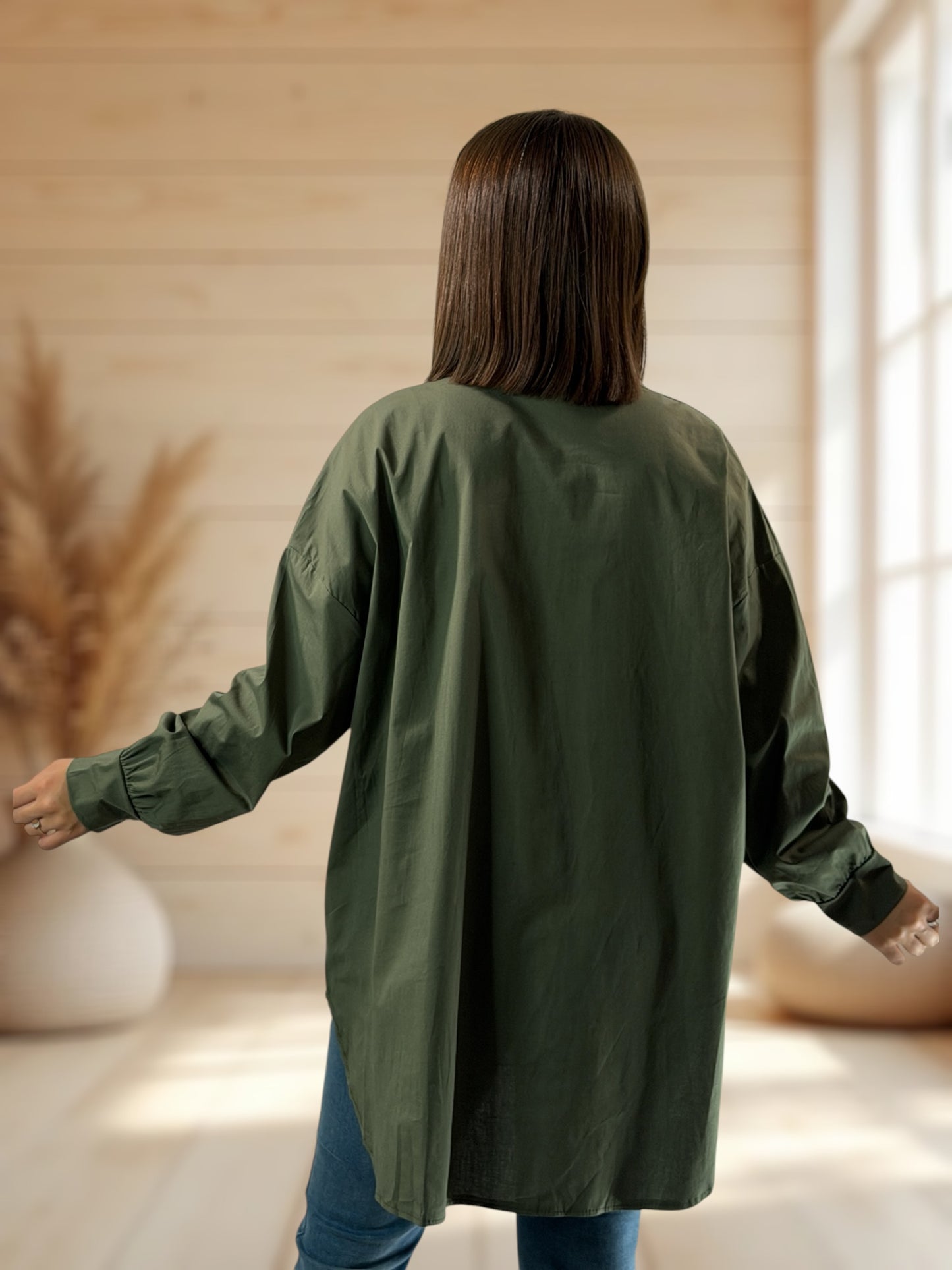SUNDAY - CHEMISE OVERSIZE KAKI AVEC STRASS JUSQU'A LA TAILLE 52/54