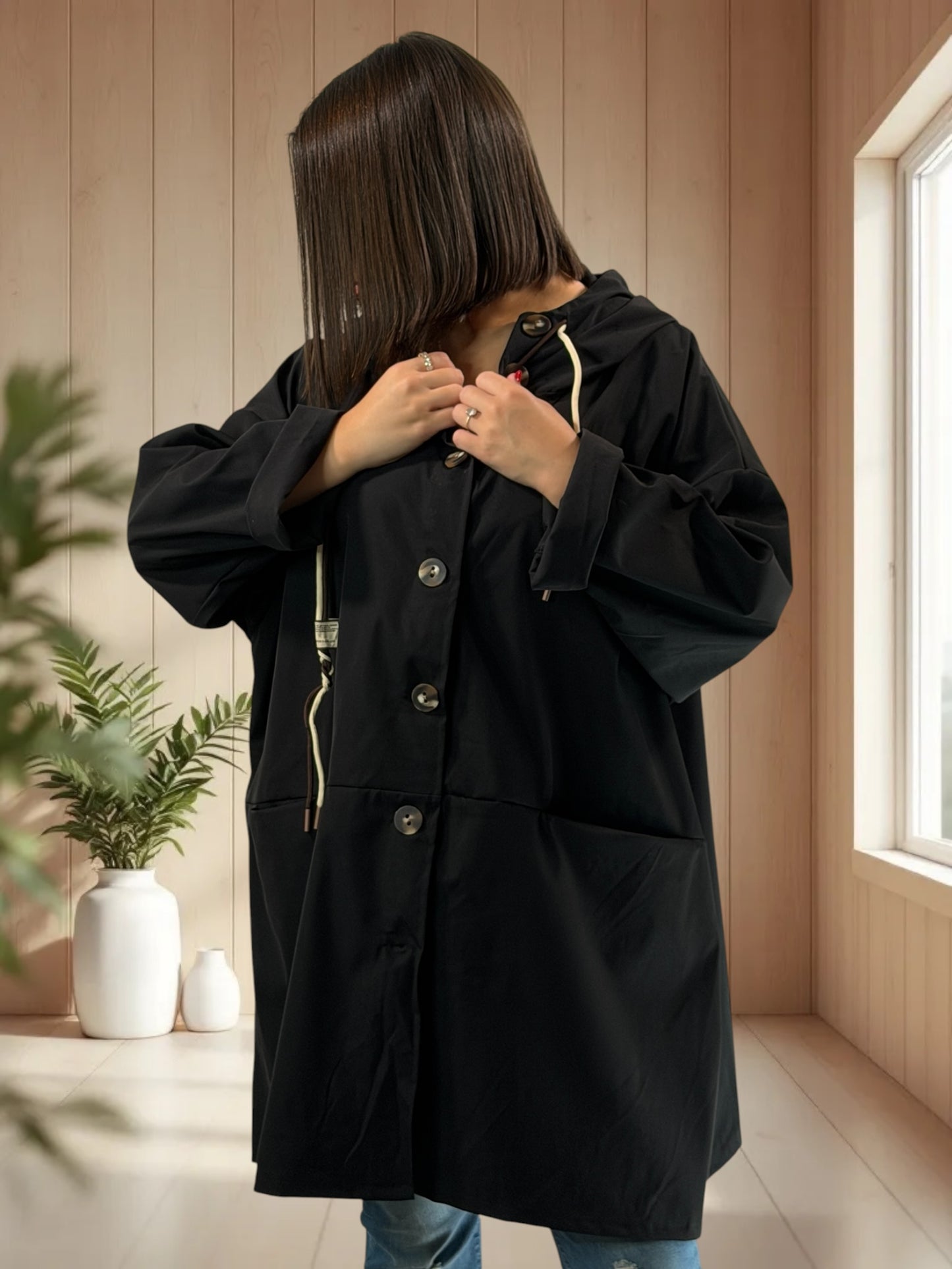 CARLOTA - TRENCH NOIR DEPERLANT JUSQU'A LA TAILLE 56