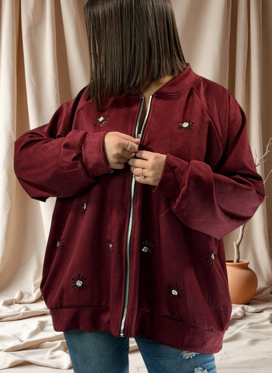 ANASTATIA - VESTE BORDEAUX EFFET DAIM AVEC STRASS JUSQU'A LA TAILLE 52/54