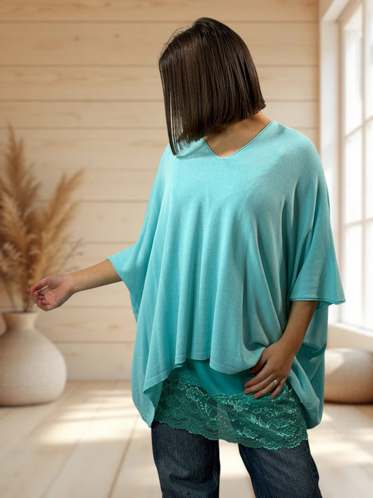 MERINGUE - PULL TURQUOISE EN MAILLE FLUIDE JUSQU'A LA TAILLE 56/58