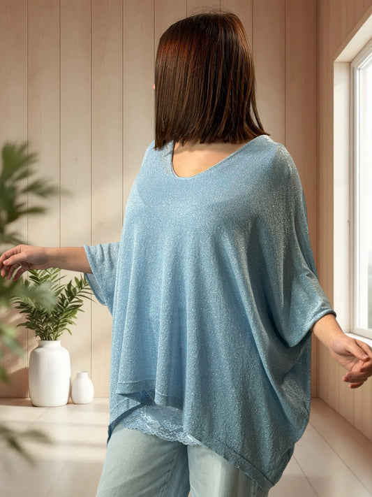 TIRAMISU - PULL BLEU SCINTILLANT EN MAILLE FLUIDE JUSQU'A LA TAILLE 56/58