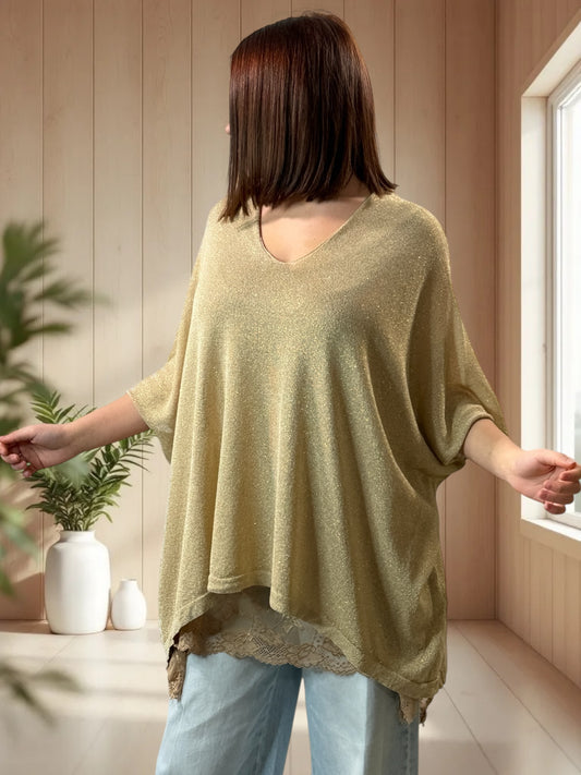 TIRAMISU - PULL DORE SCINTILLANT EN MAILLE FLUIDE JUSQU'A LA TAILLE 56/58