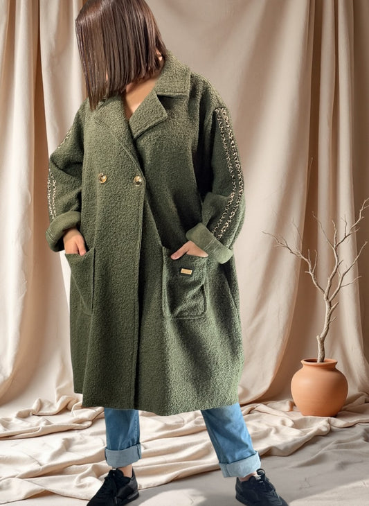 CLARICE - MANTEAU KAKI A BOUCLETTE JUSQU'A LA TAILLE 48/50 A 56