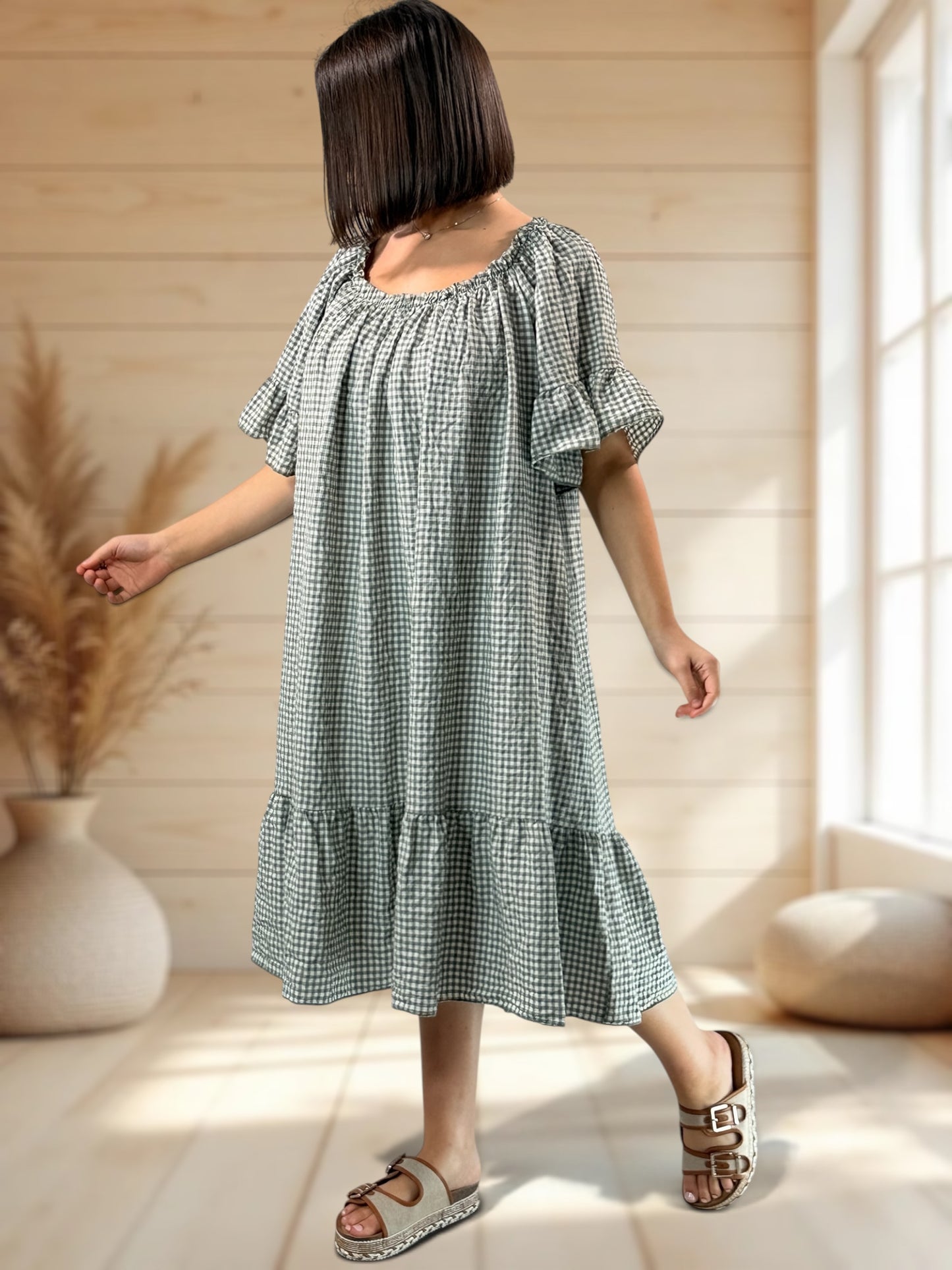MARGARET - ROBE VICHY KAKI JUSQU'A LA TAILLE 56