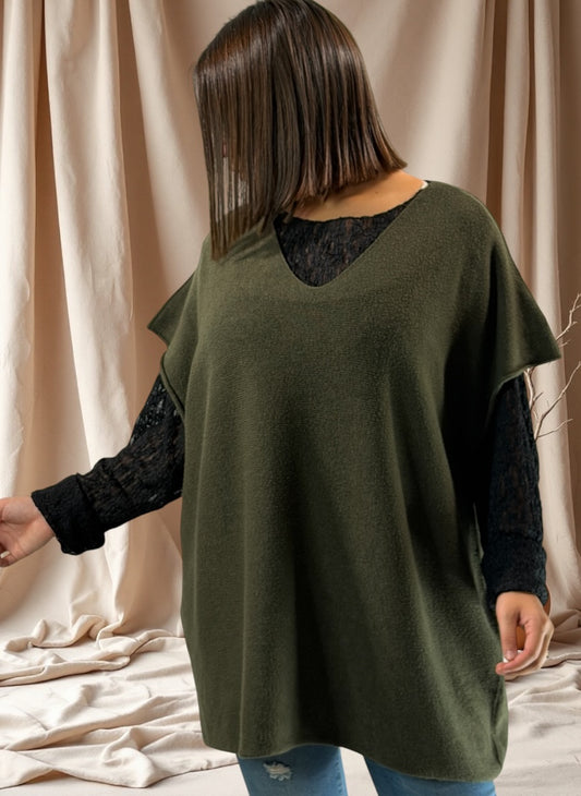 MATHIAS - PULL OVERSIZE KAKI SANS MANCHES JUSQU'A LA TAILLE 54