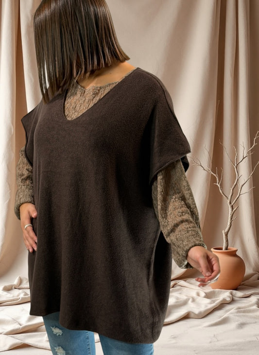 MATHIAS - PULL OVERSIZE MARRON SANS MANCHES JUSQU'A LA TAILLE 54