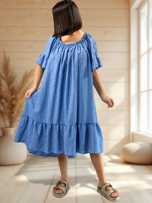 MARGARET - ROBE VICHY BLEUE JUSQU'A LA TAILLE 56
