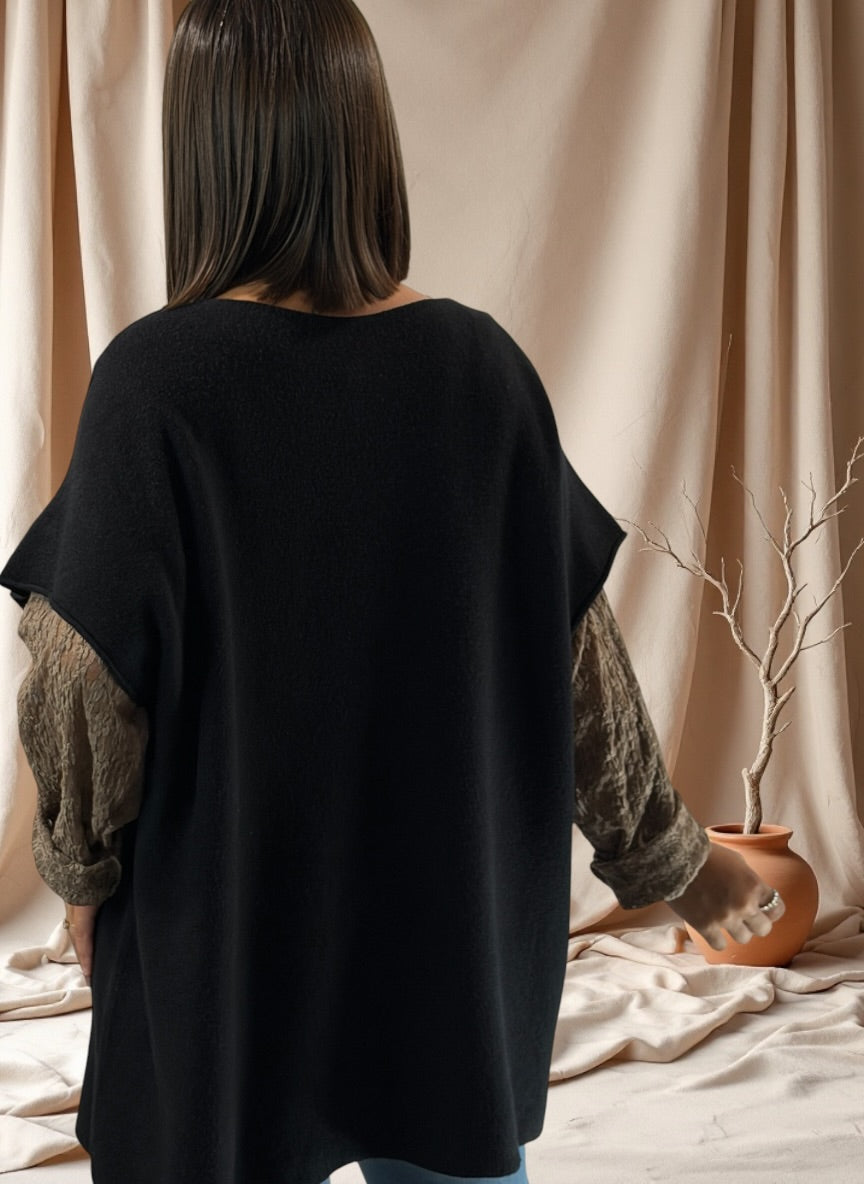 MATHIAS - PULL OVERSIZE NOIR SANS MANCHES JUSQU'A LA TAILLE 54