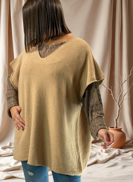 MATHIAS - PULL OVERSIZE CAMEL SANS MANCHES JUSQU'A LA TAILLE 54