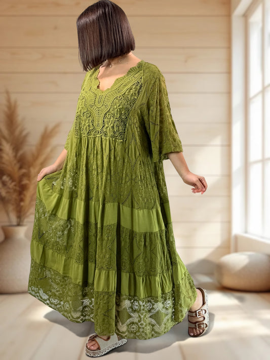 LINDA - ROBE LONGUE VERTE EN DENTELLE JUSQU'A LA TAILLE 56