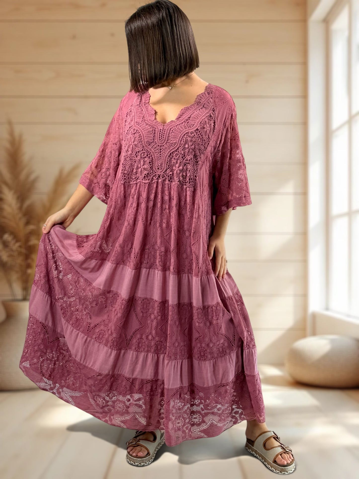 LINDA - ROBE LONGUE VIEUX ROSE EN DENTELLE JUSQU'A LA TAILLE 56