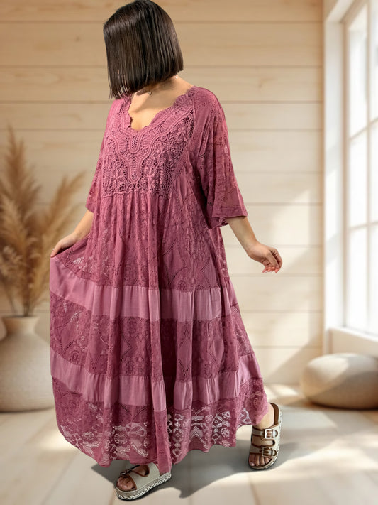 LINDA - ROBE LONGUE VIEUX ROSE EN DENTELLE JUSQU'A LA TAILLE 56