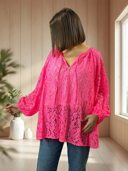 LAURA - BLOUSE FUCHSIA EN DENTELLE JUSQU'A LA TAILLE 54