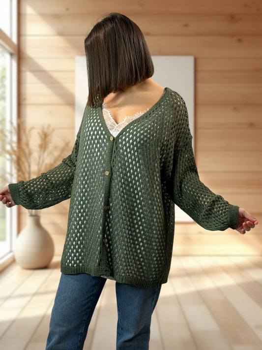 ROSANA - GILET RESILLE KAKI JUSQU'A LA TAILLE 54