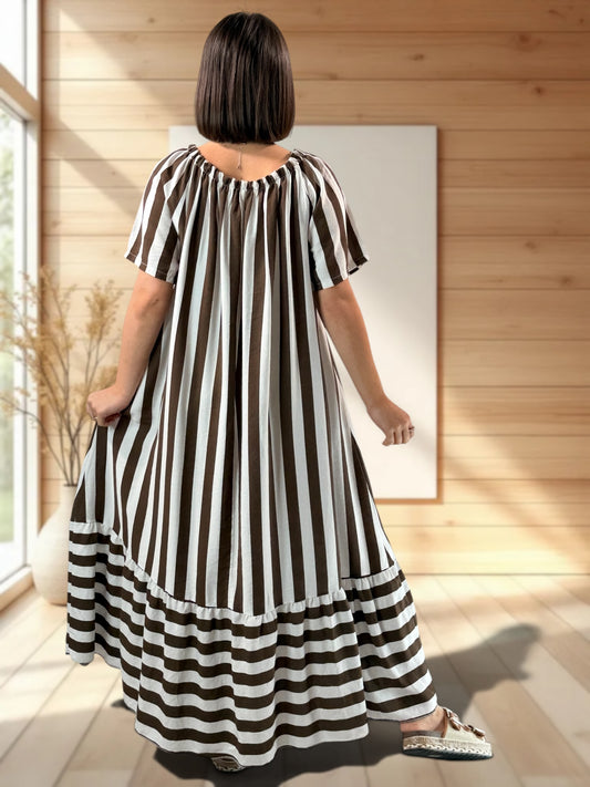 OLIVIA - ROBE LONGUE A RAYURE MARRON JUSQU'A LA TAILLE 52