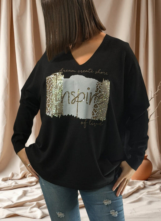 JADE - PULL NOIR EN MAILLE AVEC STRASS JUSQU'A LA TAILLE 54