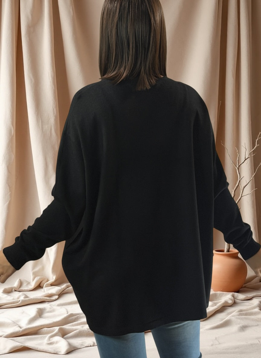 JADE - PULL NOIR EN MAILLE AVEC STRASS JUSQU'A LA TAILLE 54