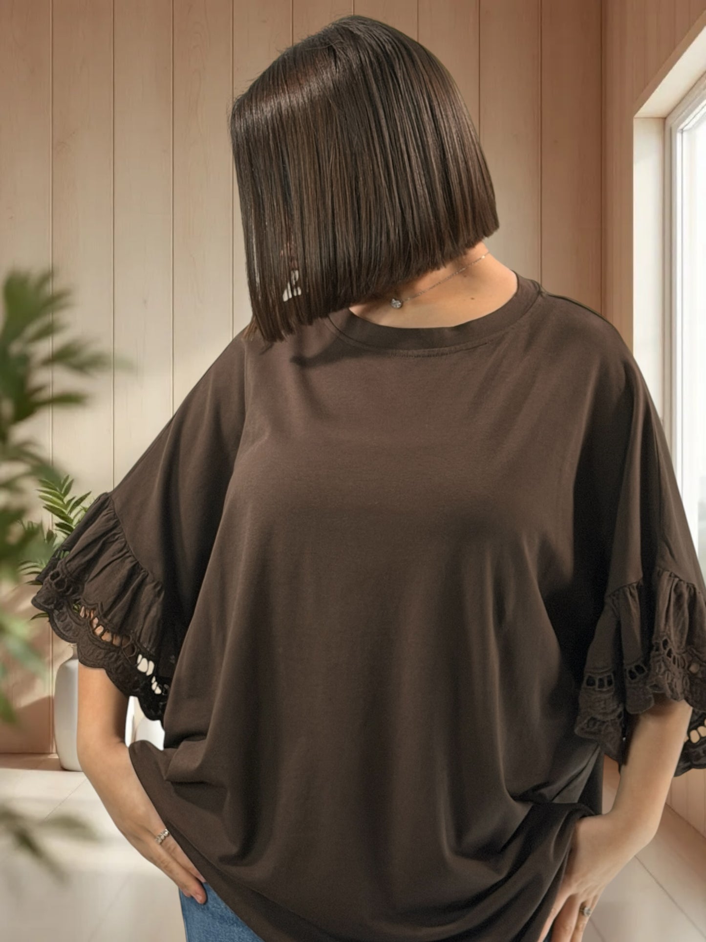 RAFAEL - T-SHIRT MARRON MANCHES EN BRODERIE ANGLAISE JUSQU'A LA TAILLE 56