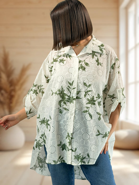 CEREZA - CHEMISE EN BRODERIE ANGLAISE MOTIF KAKI JUSQU'A LA TAILLE 56