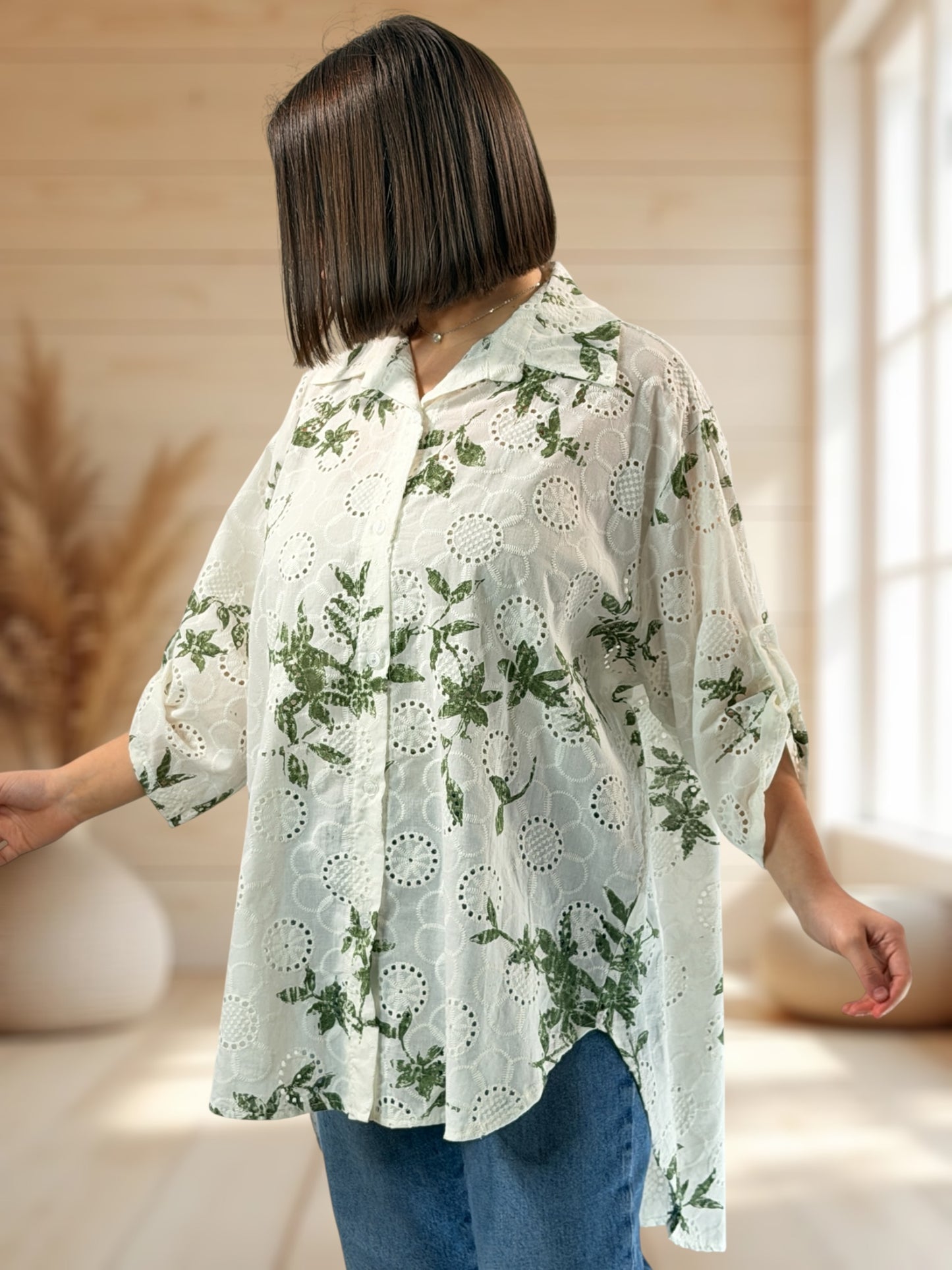 CEREZA - CHEMISE EN BRODERIE ANGLAISE MOTIF KAKI JUSQU'A LA TAILLE 56
