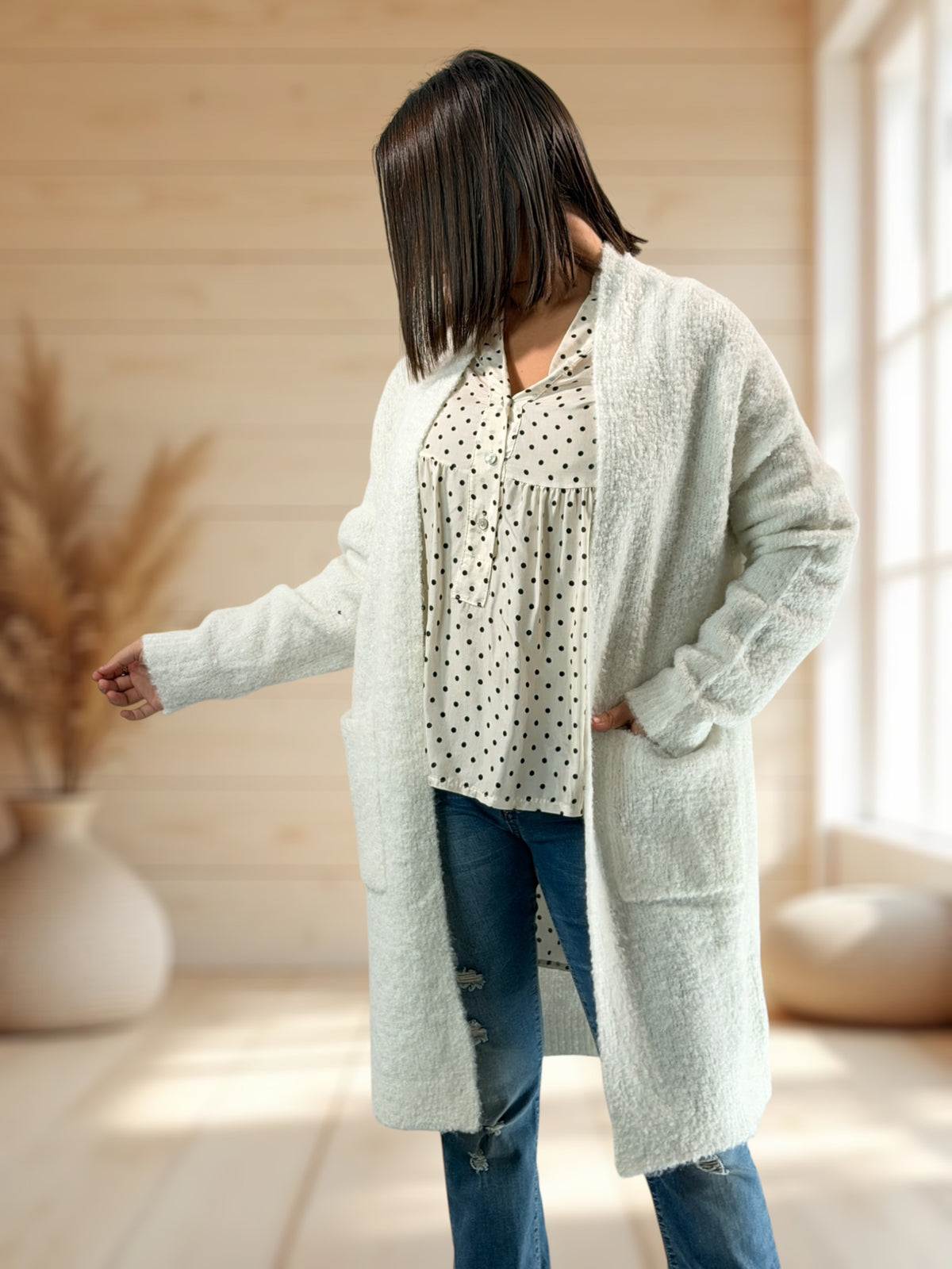 MIMI - GILET OVERSIZE BLANC CASSE JUSQU'A LA TAILLE 50/52