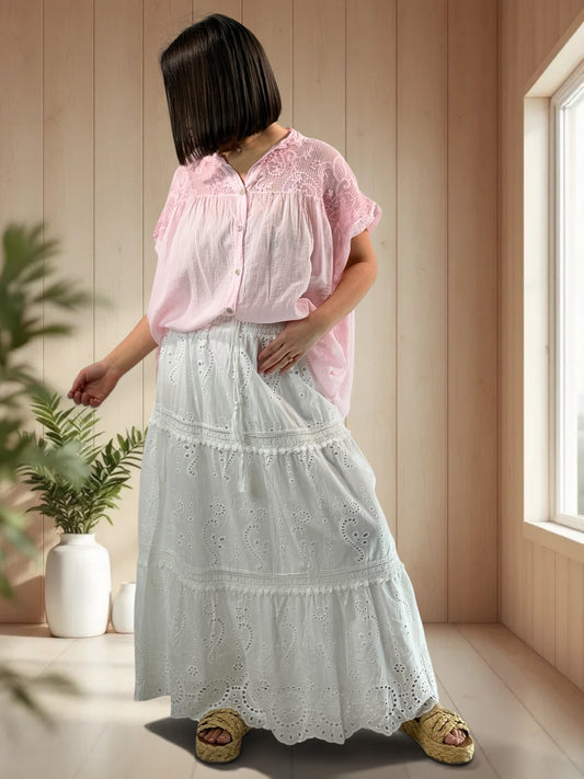 LUCIE - JUPON BOHEME EN BRODERIE ANGLAISE BLANC JUSQU'A LA TAILLE 48/50