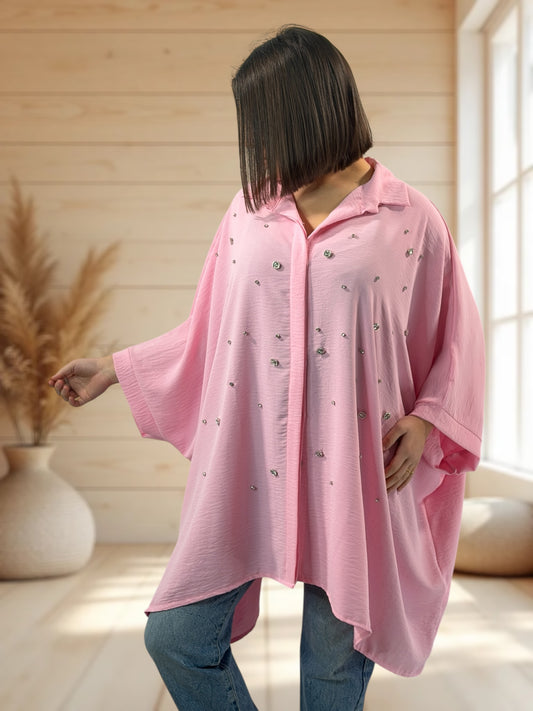 LUCYLOU - TUNIQUE ROSE OVERSIZE AVEC STRASS JUSQU'A LA TAILLE 60