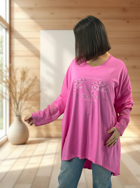 LOVELY - TEE-SHIRT ROSE MANCHES EN DENTELLE JUSQU'A LA TAILLE 54