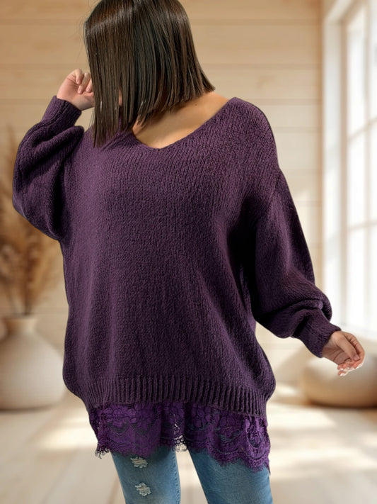 NINA - PULL OVERSIZE RAISIN AVEC DENTELLE JUSQU'A LA TAILLE 54/56