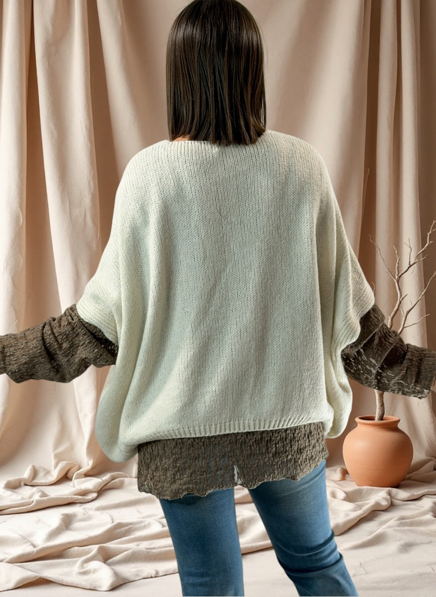 SOPHIA - GILET OVERSIZE BLANC CASSE BRODE JUSQU'A LA TAILLE 56