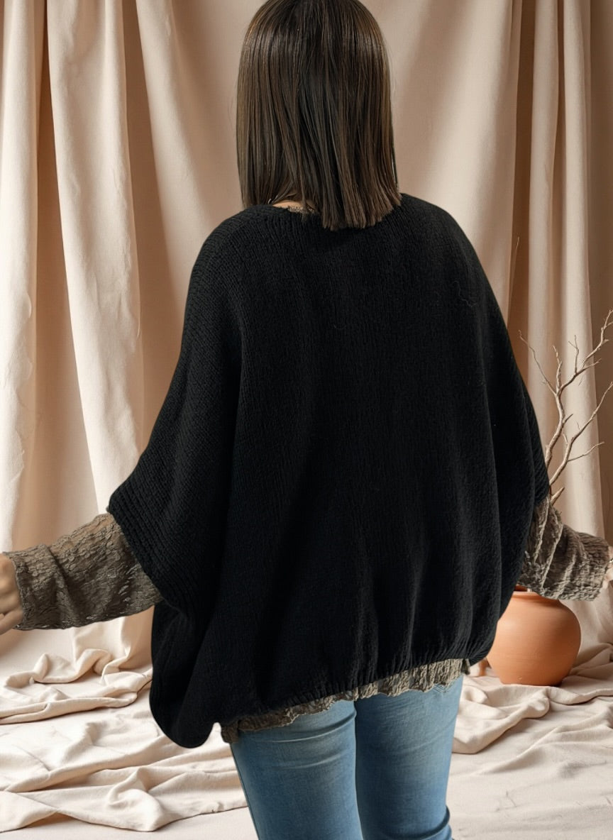 SOPHIA - GILET OVERSIZE NOIR BRODE JUSQU'A LA TAILLE 56