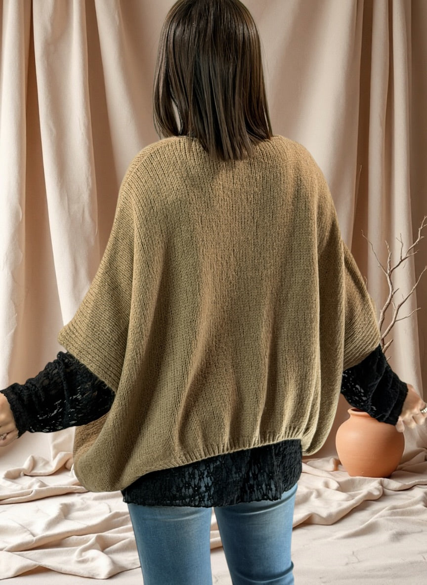 SOPHIA - GILET OVERSIZE CAMEL BRODE JUSQU'A LA TAILLE 56