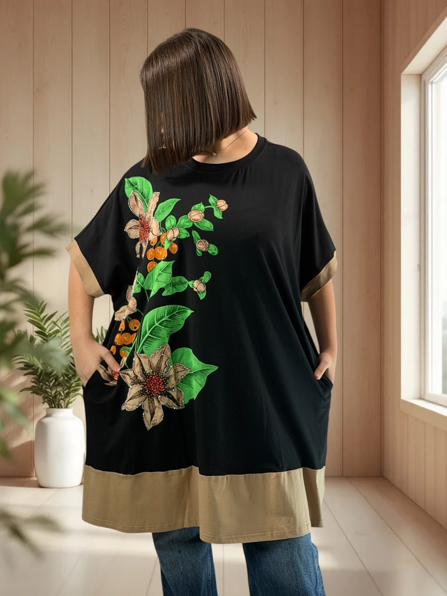 PACO - T-SHIRT NOIR OVERSIZE A MOTIF JUSQU'A LA TAILLE 54/56