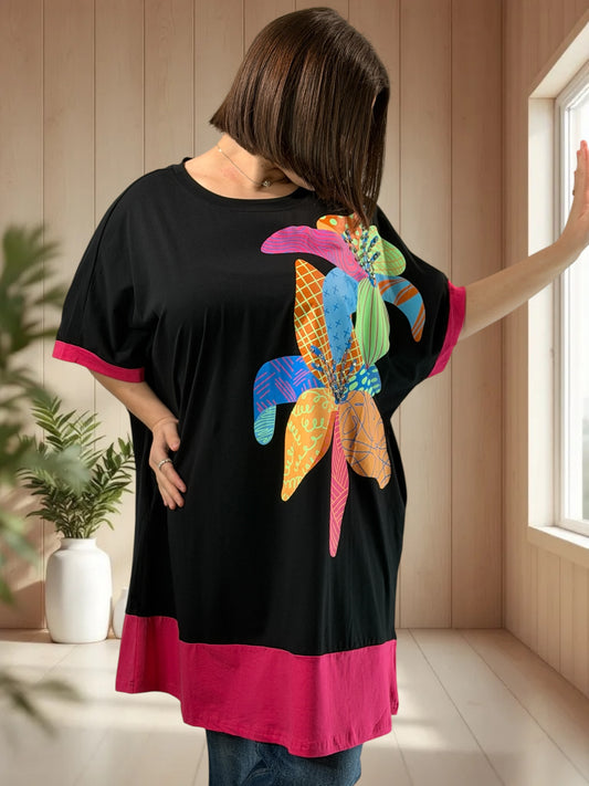 PACO - T-SHIRT NOIR OVERSIZE A MOTIF JUSQU'A LA TAILLE 54/56