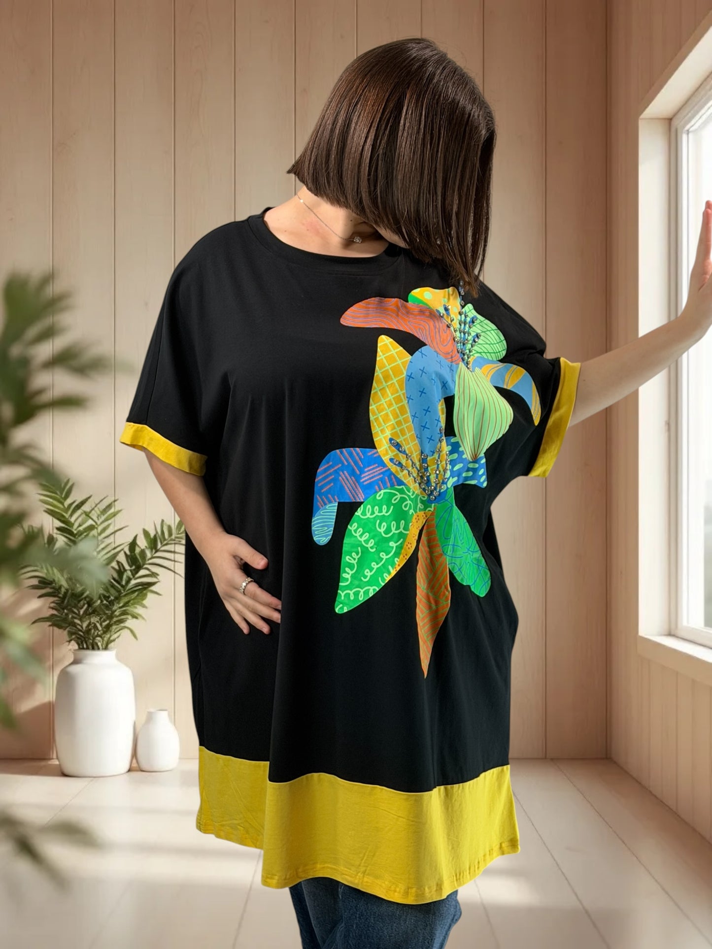 PACO - T-SHIRT NOIR OVERSIZE A MOTIF JUSQU'A LA TAILLE 54/56