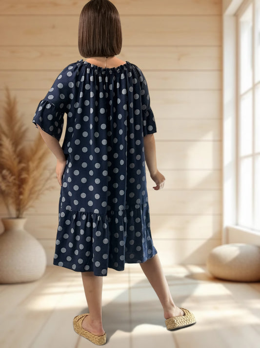 GUIMAUVE - ROBE MARINE A POIS JUSQU'A LA TAILLE 50