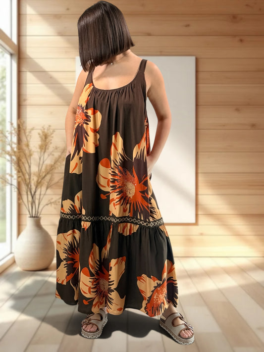 ROSA - ROBE LONGUE MARRON A MOTIF JUSQU'A LA TAILLE 52