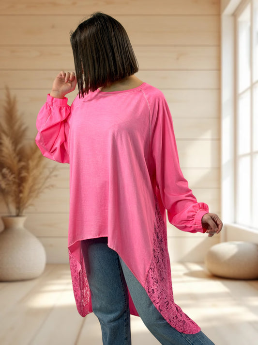 NINON - TEE-SHIRT OVERSIZE FUCHSIA AVEC DENTELLE JUSQU'A LA TAILLE 56