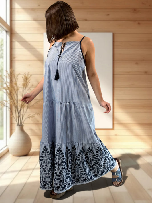 KRISTY - ROBE A RAYURE BRODEE JUSQU'A LA TAILLE 48