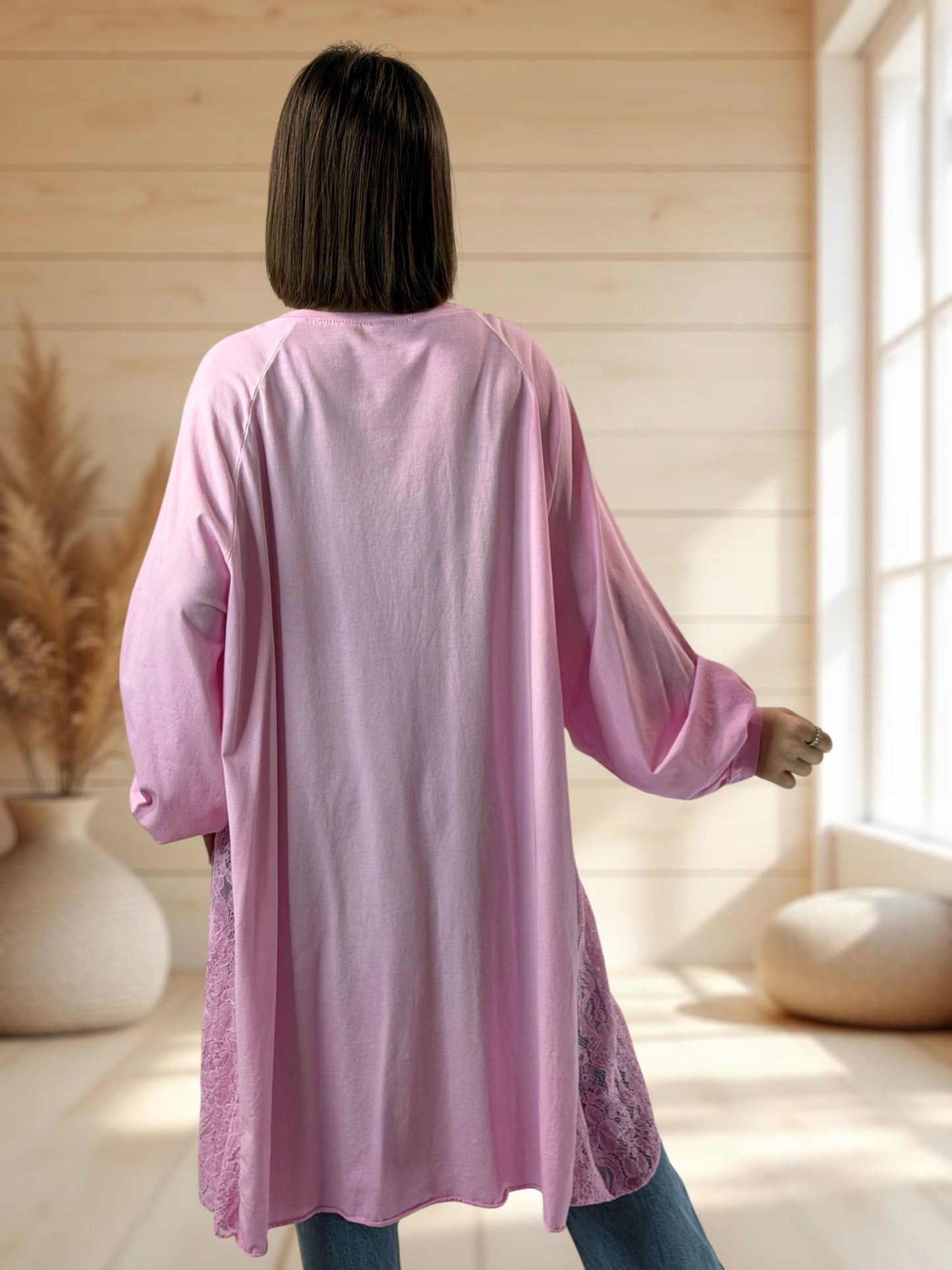 NINON - TEE-SHIRT OVERSIZE ROSE AVEC DENTELLE JUSQU'A LA TAILLE 56