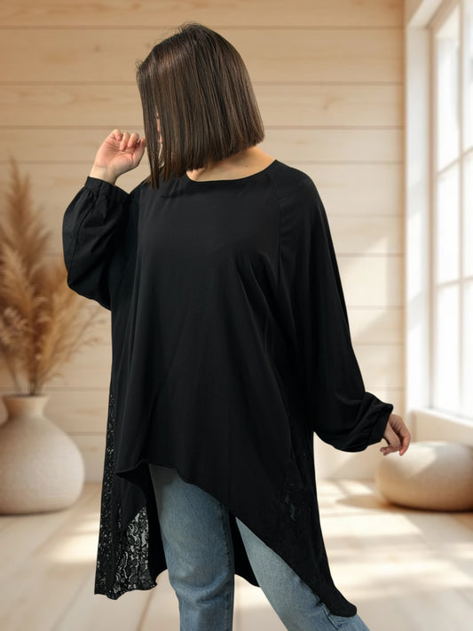 NINON - TEE-SHIRT OVERSIZE NOIR AVEC DENTELLE JUSQU'A LA TAILLE 56