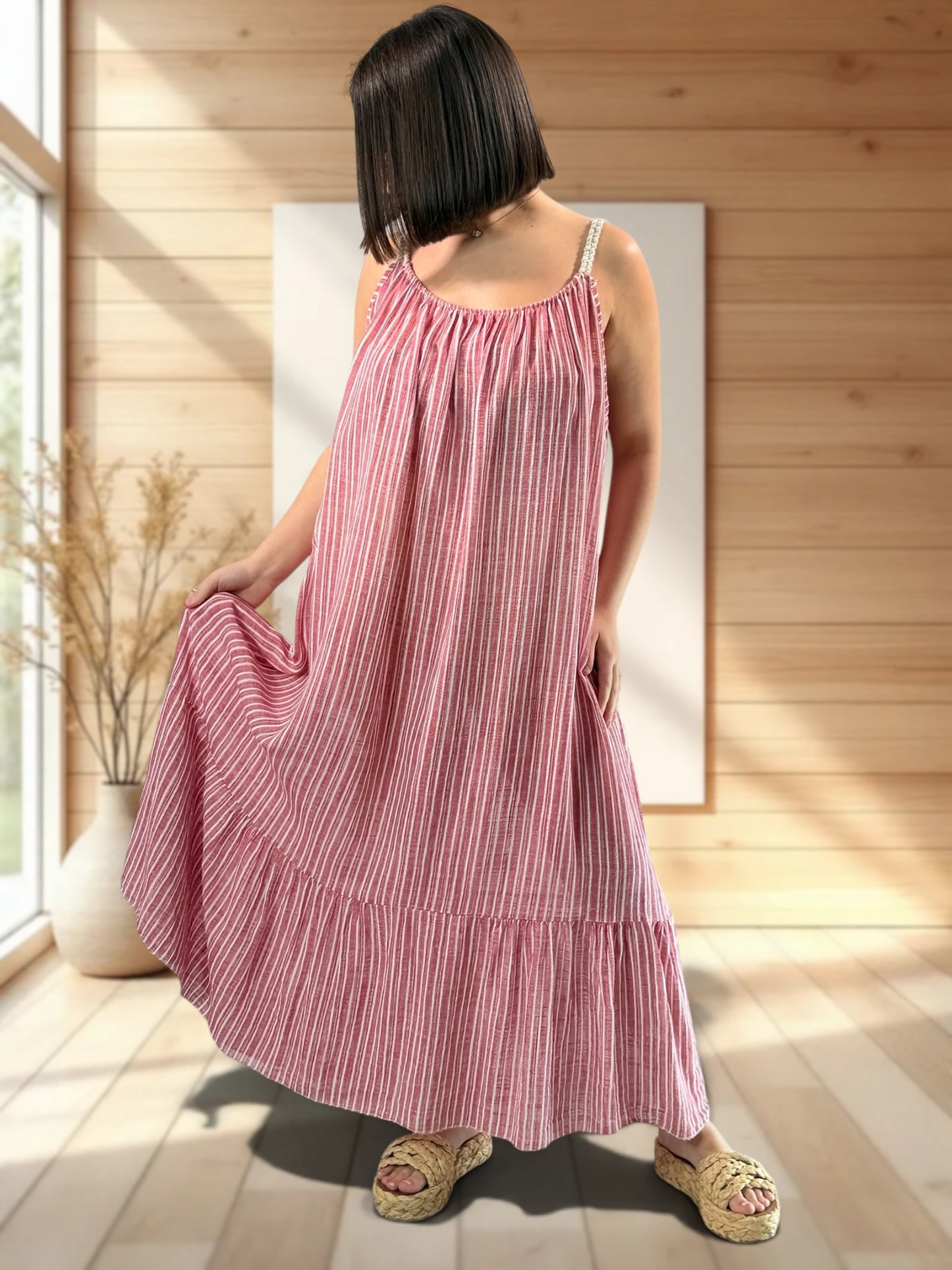 TERESA - ROBE LONGUE A RAYURE ROUGE JUSQU'A LA TAILLE 54