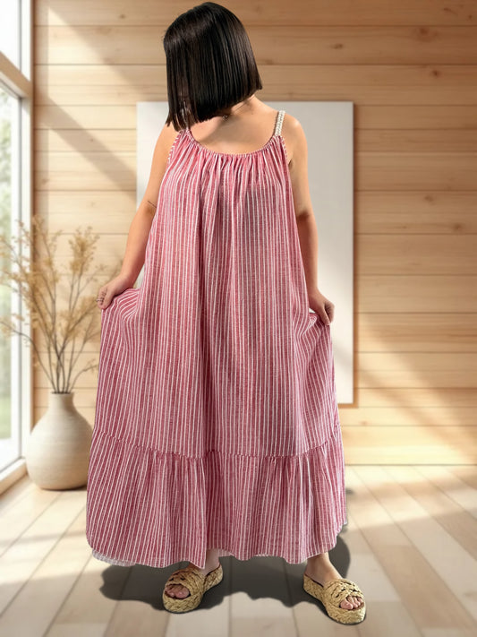 TERESA - ROBE LONGUE A RAYURE ROUGE JUSQU'A LA TAILLE 54