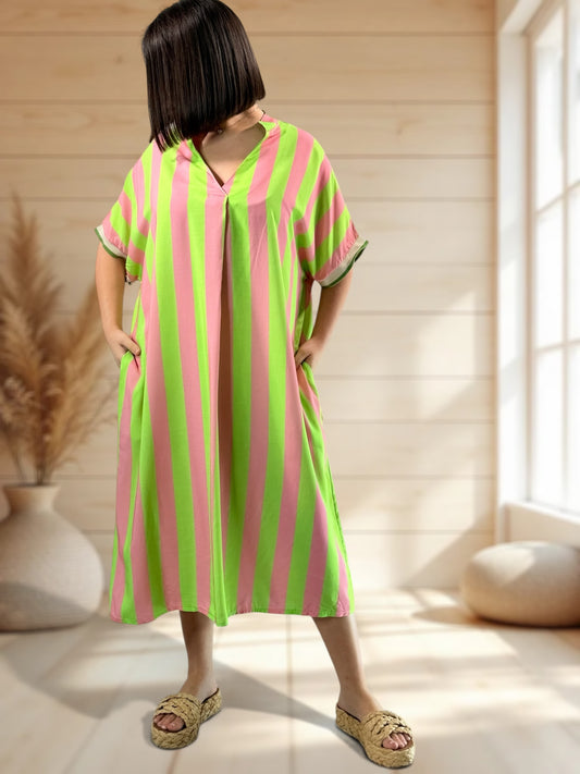 LALY - ROBE OVERSIZE A RAYURE ANIS JUSQU'A LA TAILLE 54