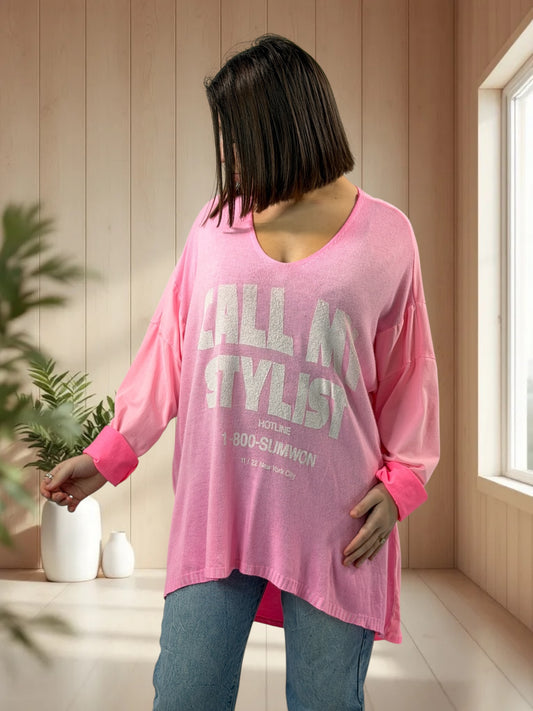 SOPHIA - TEE-SHIRT OVERSIZE ROSE BI-MATIERE JUSQU'A LA TAILLE 56