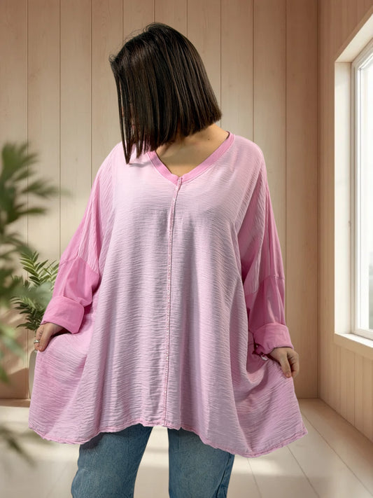 ROSALIE - TOP ROSE BI-MATIERE OVERSIZE JUSQU'A LA TAILLE 58/60